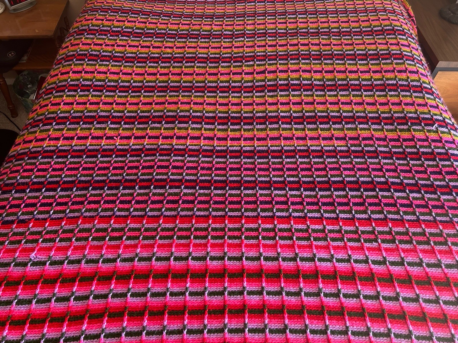 Vintage BIG Bright Multi-Color Handmade Afghan Crochet Knitted Blanket 86″x70″