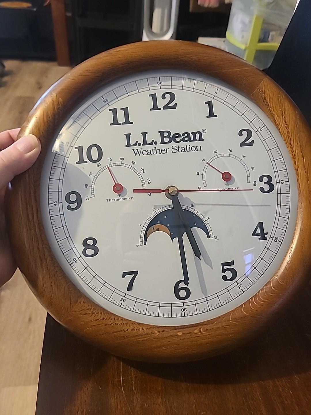 L.L. Bean Weather Station Wall Clock 11.5” Oak Frame Moon Thermometer Hygrometer