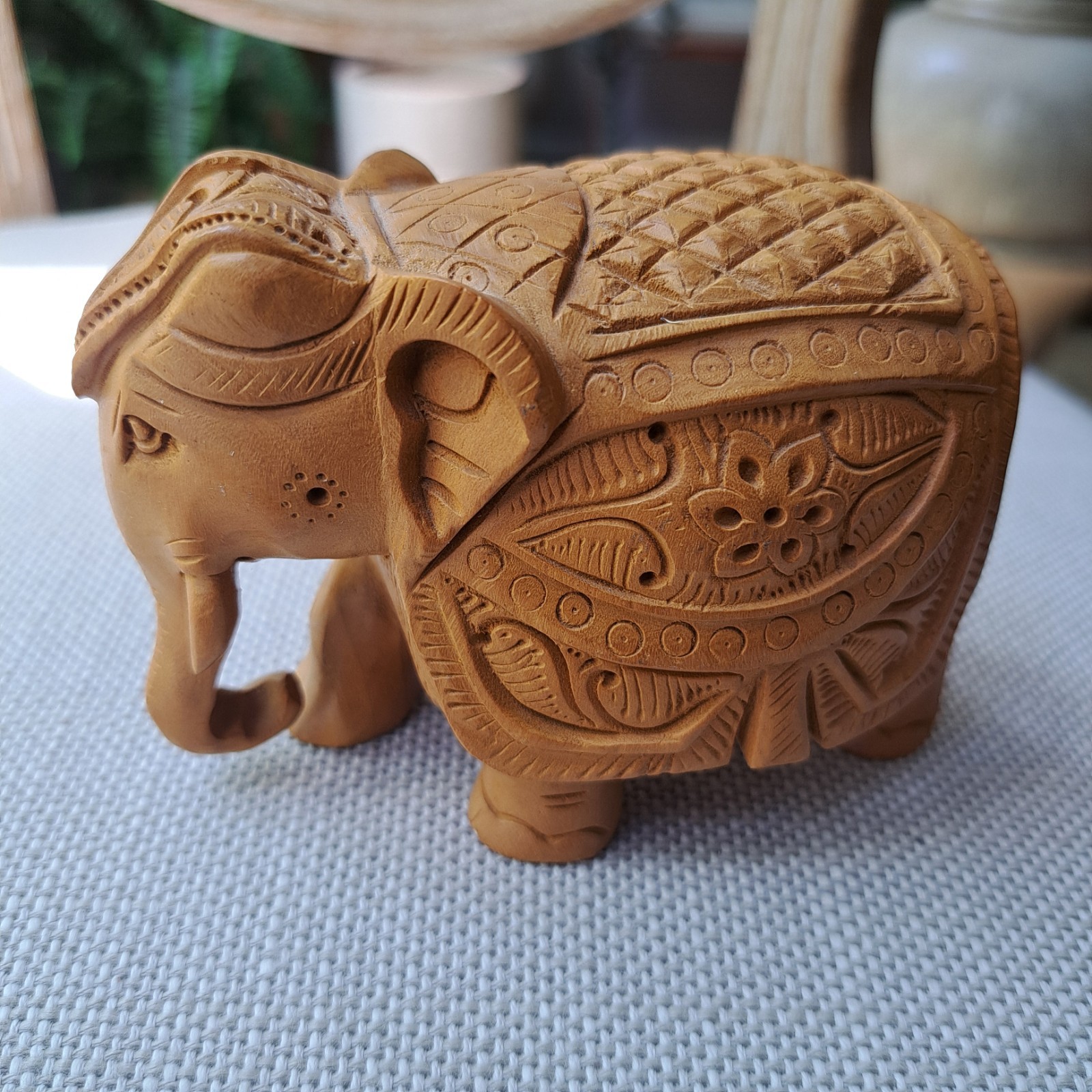 Elephant Wooden Figurine Statue Handmade Carved India Home Décor Sculpture