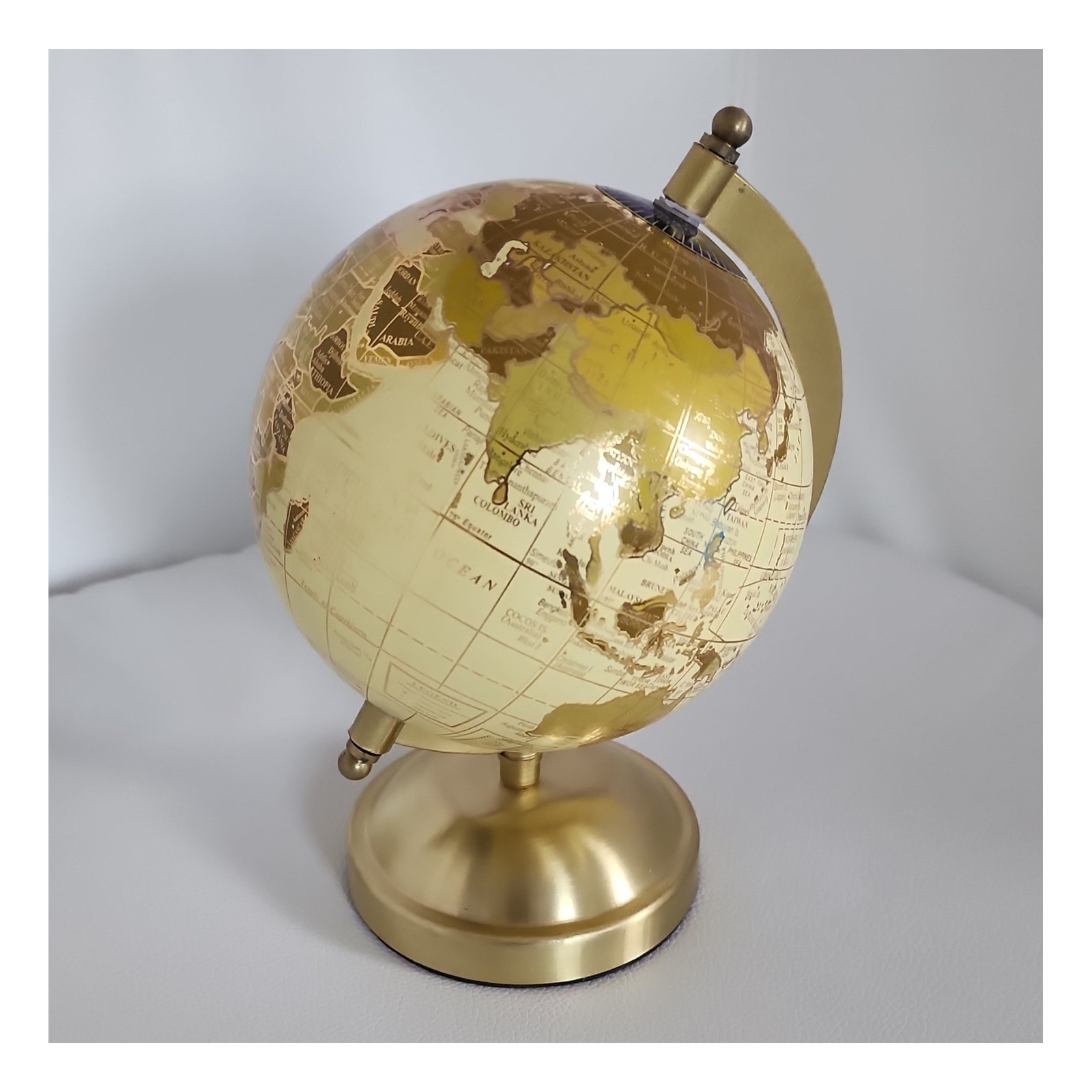 Gold Finish Decorative Rotating Tabletop Globe with Metal Base, Medium Size
