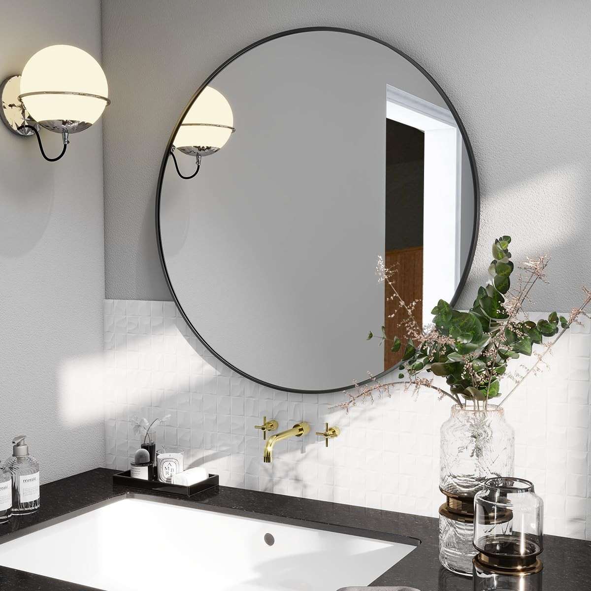 24 Inch Round Metal Frame Wall Mounted Circle Large Diameter Mirror for