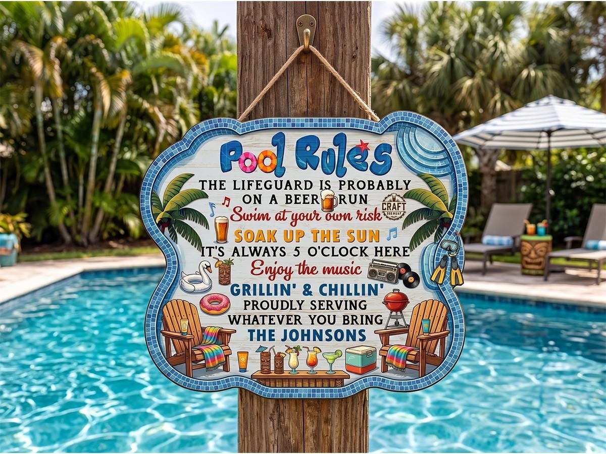 Custom Pool Rules Wooden Sign, Personalized Poolside Decor, Family Swimming Pool