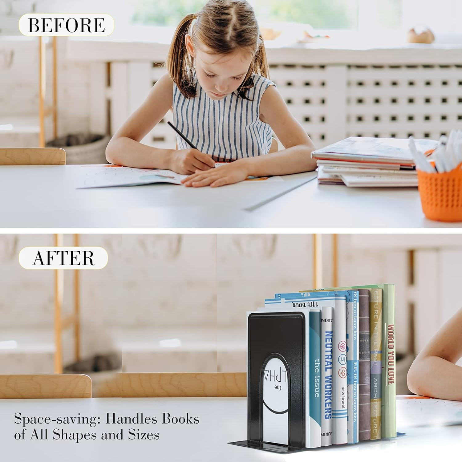 Heavy Duty Metal Bookends Set 4 Pack Black Book Supports for Shelves Office