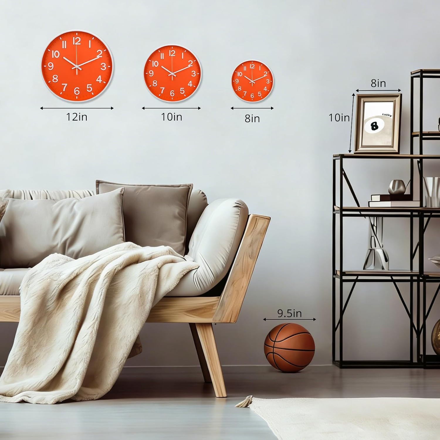 Wall Clock 12 Inch Orange Modern Simple Quartz Decorative Clock Non-Ticking Sile