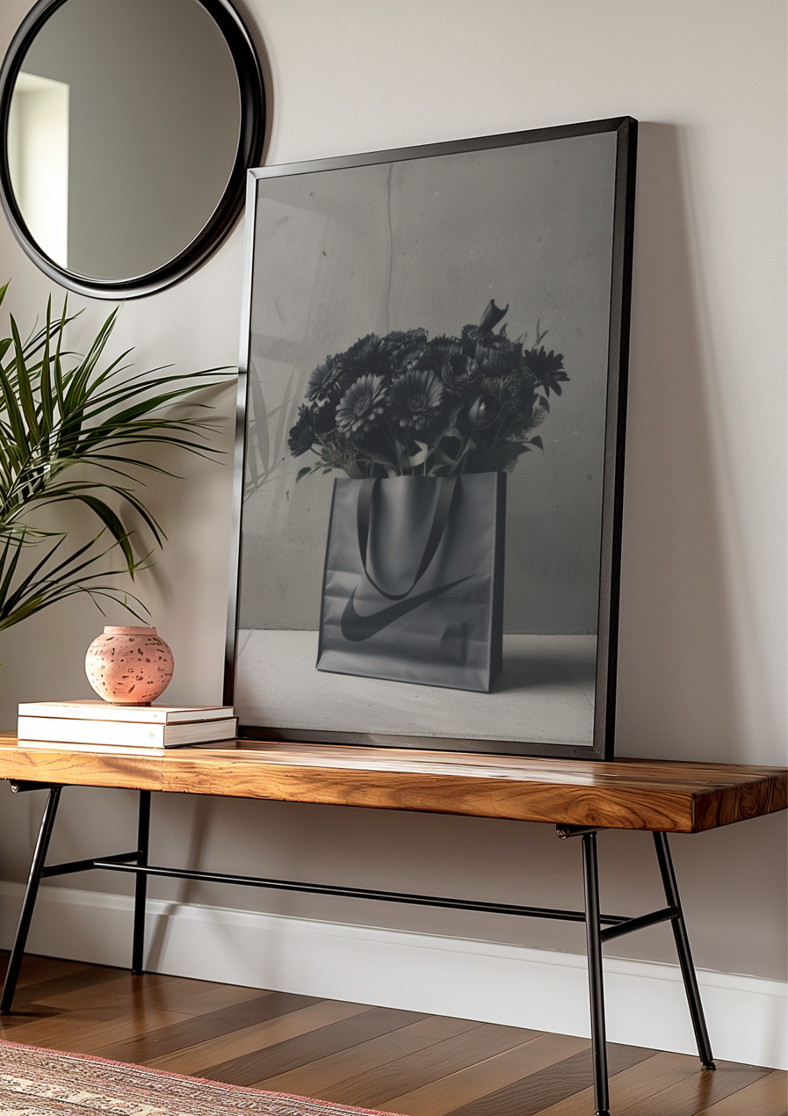 Vintage Nike Sneaker Poster with Black Flowers, Hypebeast Decor for Sneakerhead