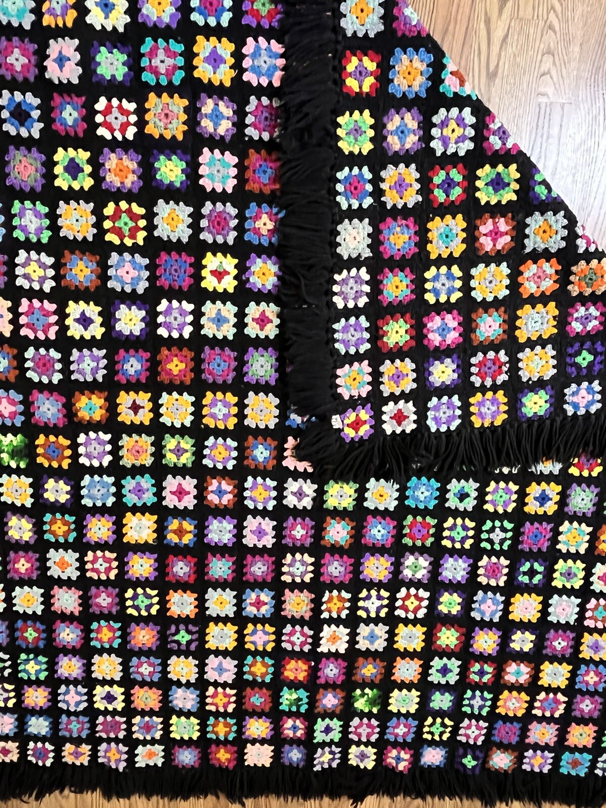 Vtg Handmade Granny Square Afghan Throw Blanket 70 X 70″ Colorful Black Fringe