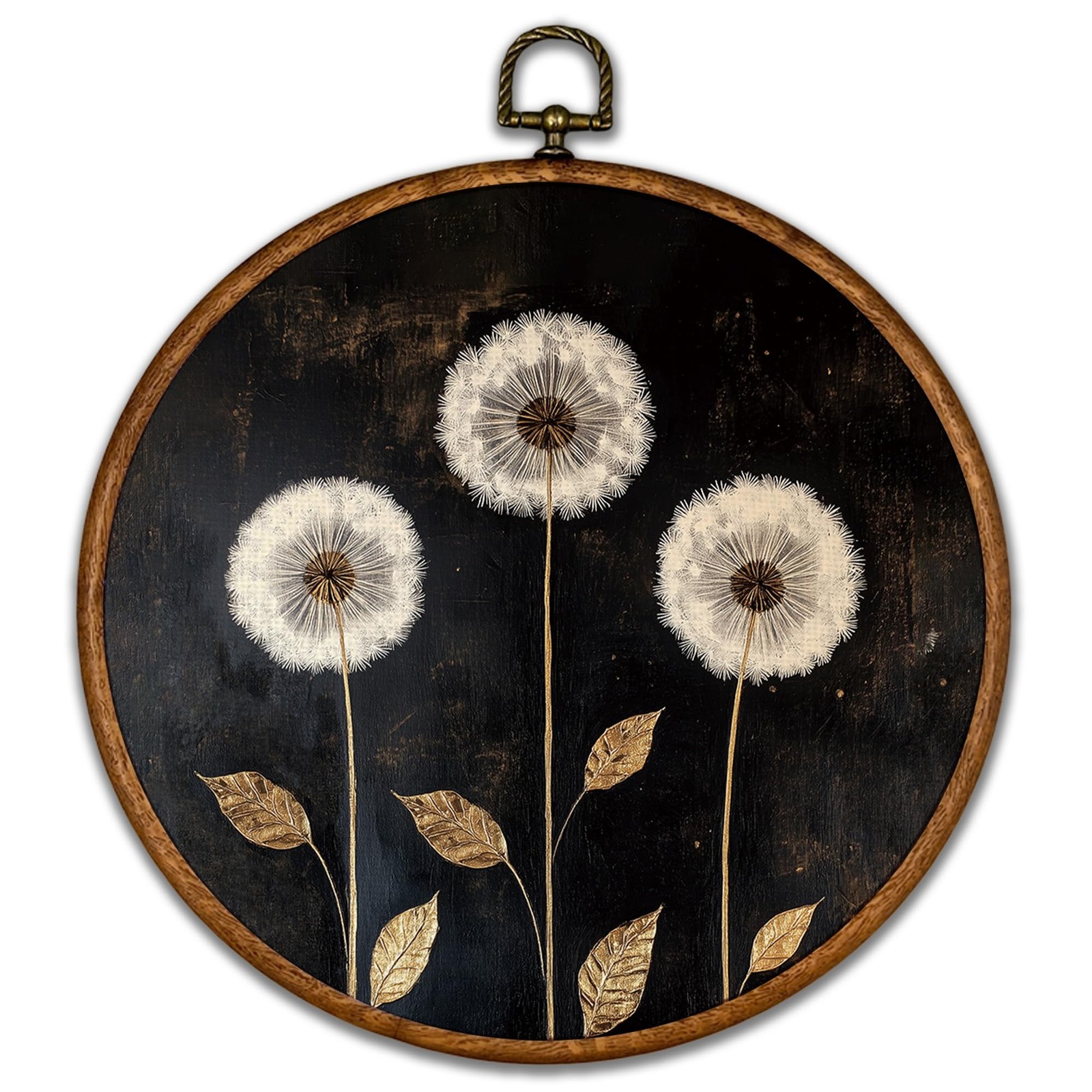 Vintage Dandelion Round Wall Art Decor – Rustic Retro Floral Botanical Wall A…