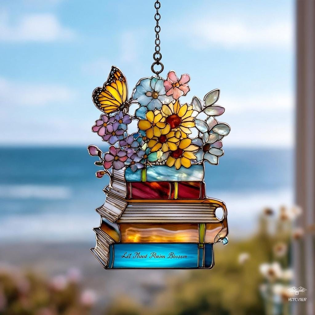 Book Lover Acrylic Suncatcher Floral Butterfly Window Hanging Reading Gift Decor