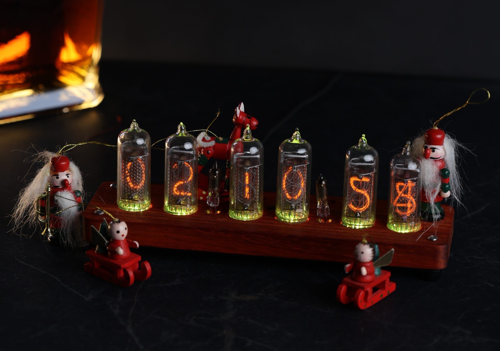 Complete Nixie clock. Installed in-14 tubes. Wood case. Brass ring.