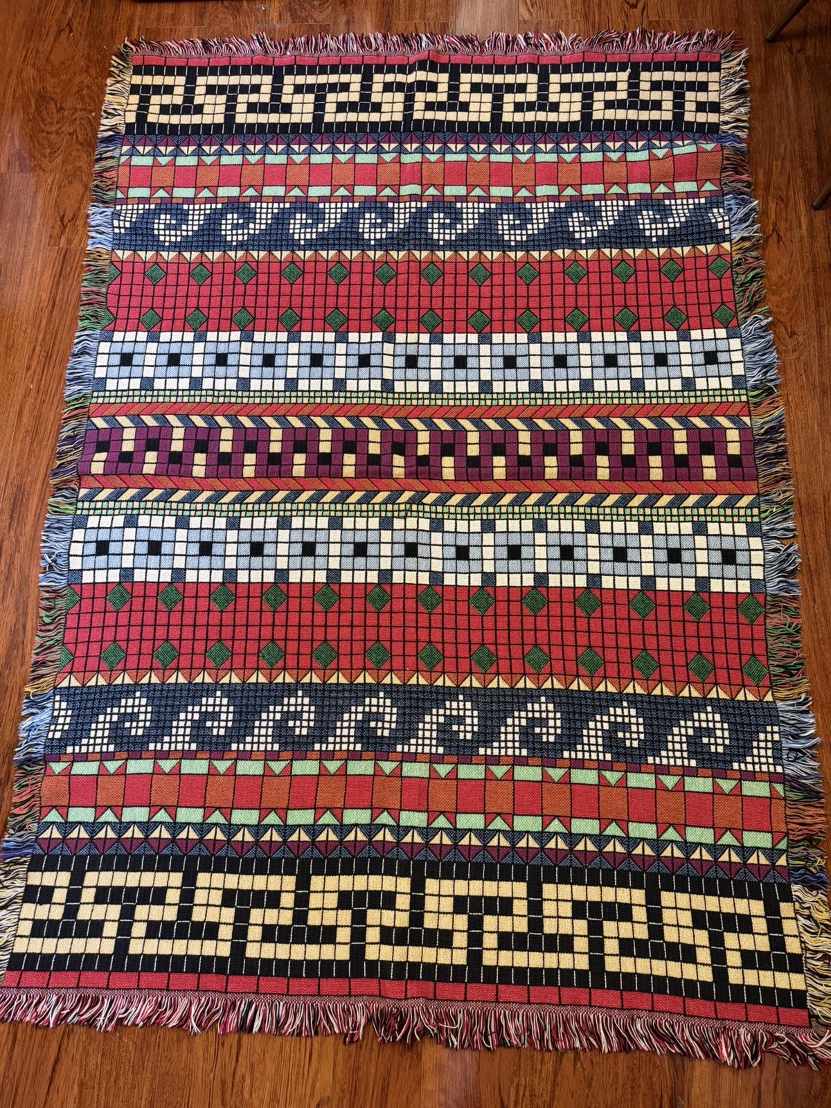 Vintage Abstract Woven Tapestry Throw Blanket 48”x70” Mosaic Geometric Boho