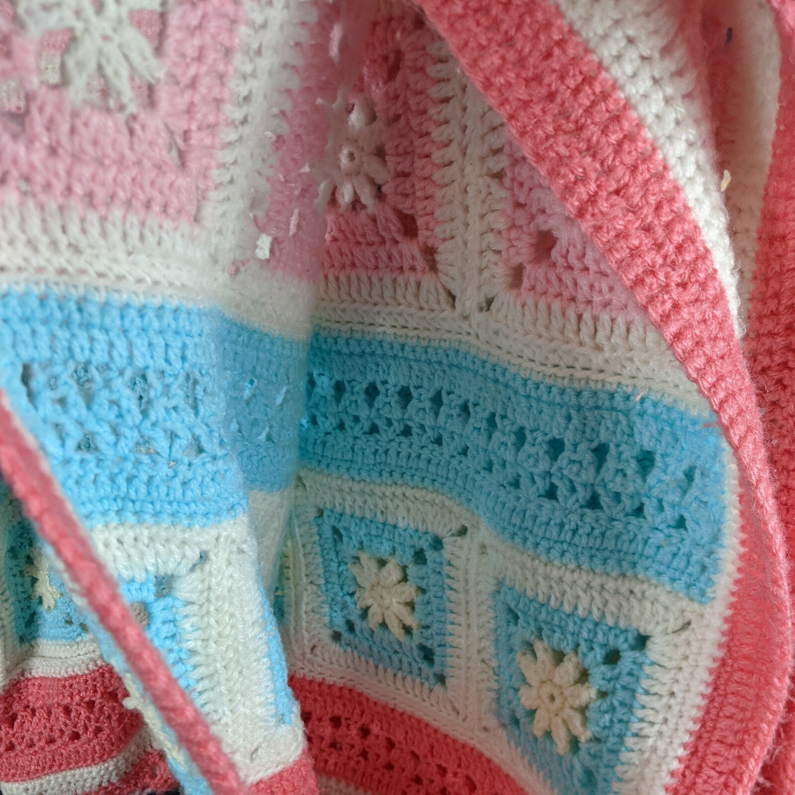 Pink White Afghan Blanket Roseanne Throw (62×54) Blue Granny Square