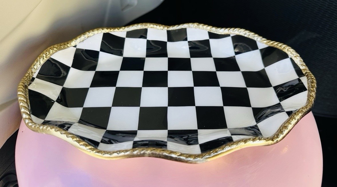 🤍🖤 New Black & White Checked Enamel Golden Metal Trinket Tray
