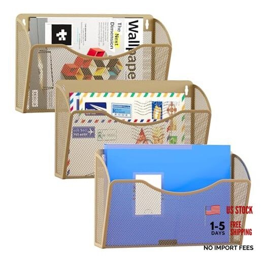 Wall File Organizer 3 Pack, Hanging File Organizer Wall Mount, Metal Mesh Gold