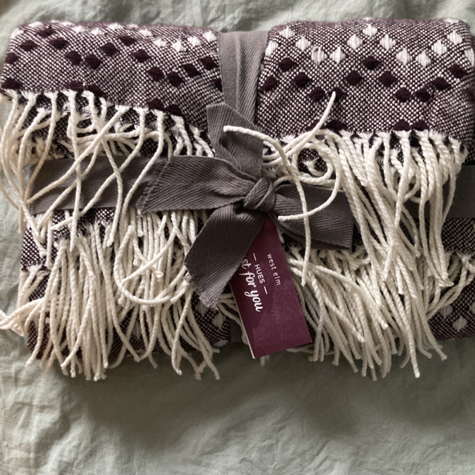 west elm HUES Just For You Sofa Throw Blanket Cotton Fringed Purple White