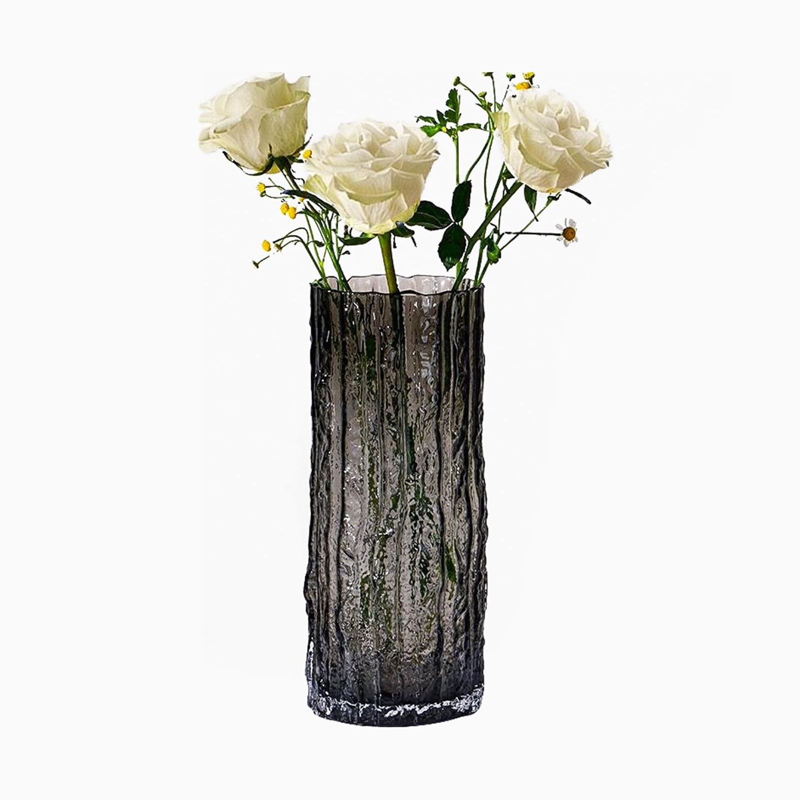 9.8 Inch Black Glass Vase, Glacier Glass Flower Vase, Boho Cylinder Ribbed Va…