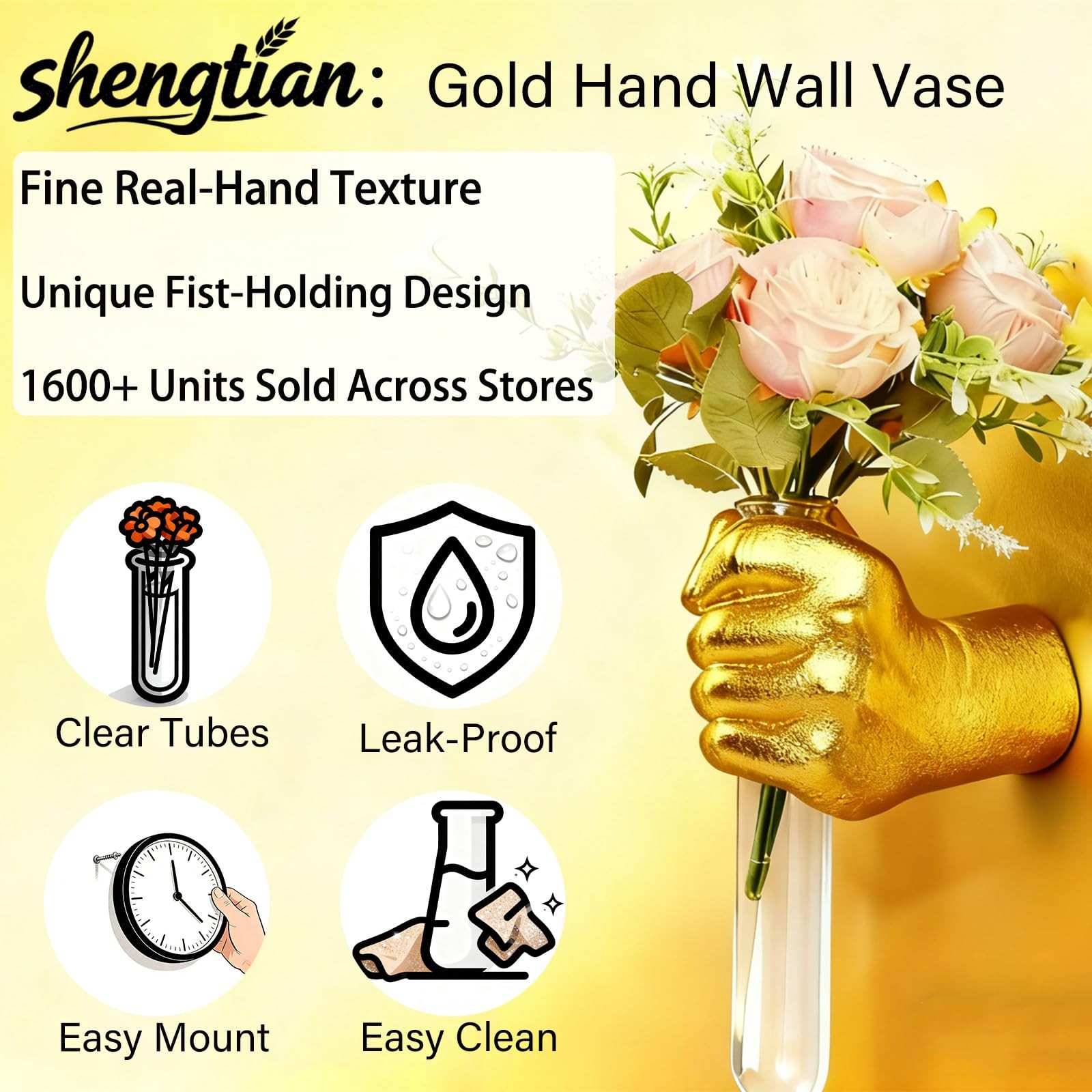 Gold Hand Vase, Wall Mounted Decor – Hanging Statue for Living Rooms & Entran…