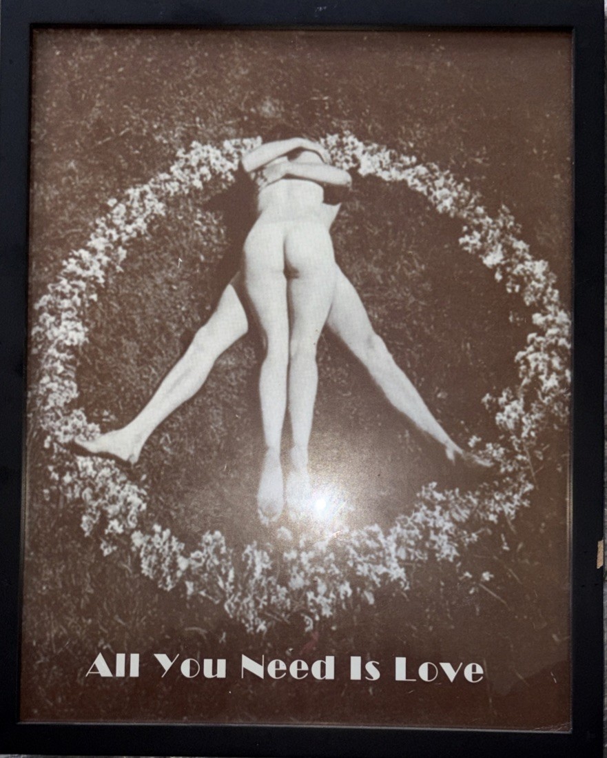 All You Need is Love Poster Art Naked Man Woman Form Peace Sign in Field 14 x 11