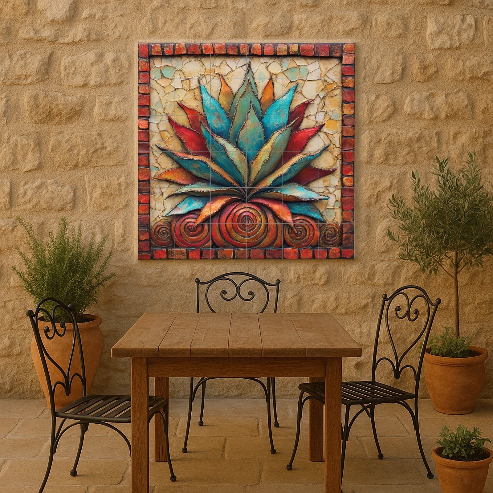 Mexican Agave Ceramic Tile Mural Colorful Succulent Southwest Wall Art Panel
