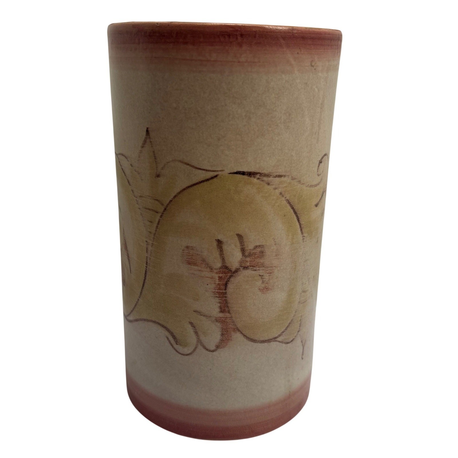 Pottery Barn Italy Ceramic Cylinder Vase Hand Painted Scroll Terracotta 8.25″
