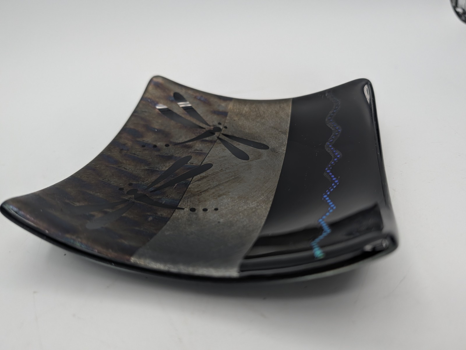Fused Art Glass Dichroic Black Dragonfly Trinket Dish Square