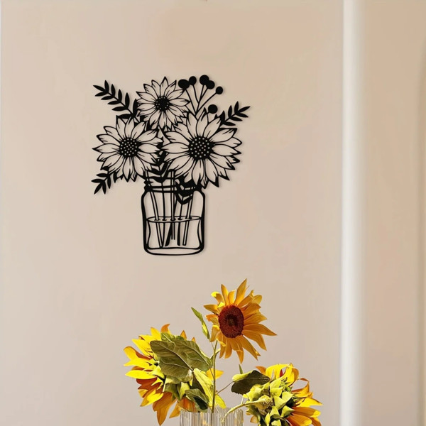 Elegant Sunflower Vase Metal Wall Art – Monochrome Print Home Decor