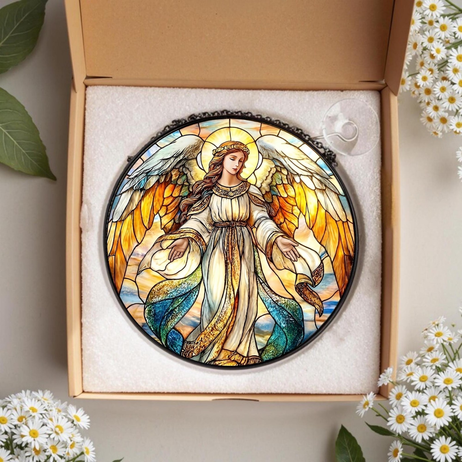 Guardian Angel Suncatcher, Stained Glass Style Print, Christian Home Decor