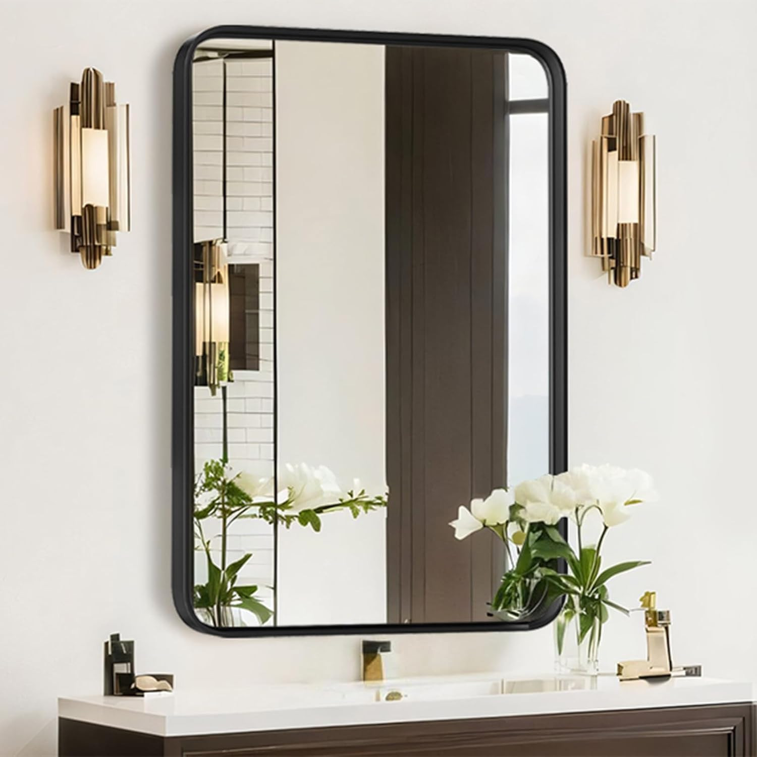 Bathroom Mirror for Wall, 30X22 Inch Rectangle Mirror, Matte Black Metal Framed