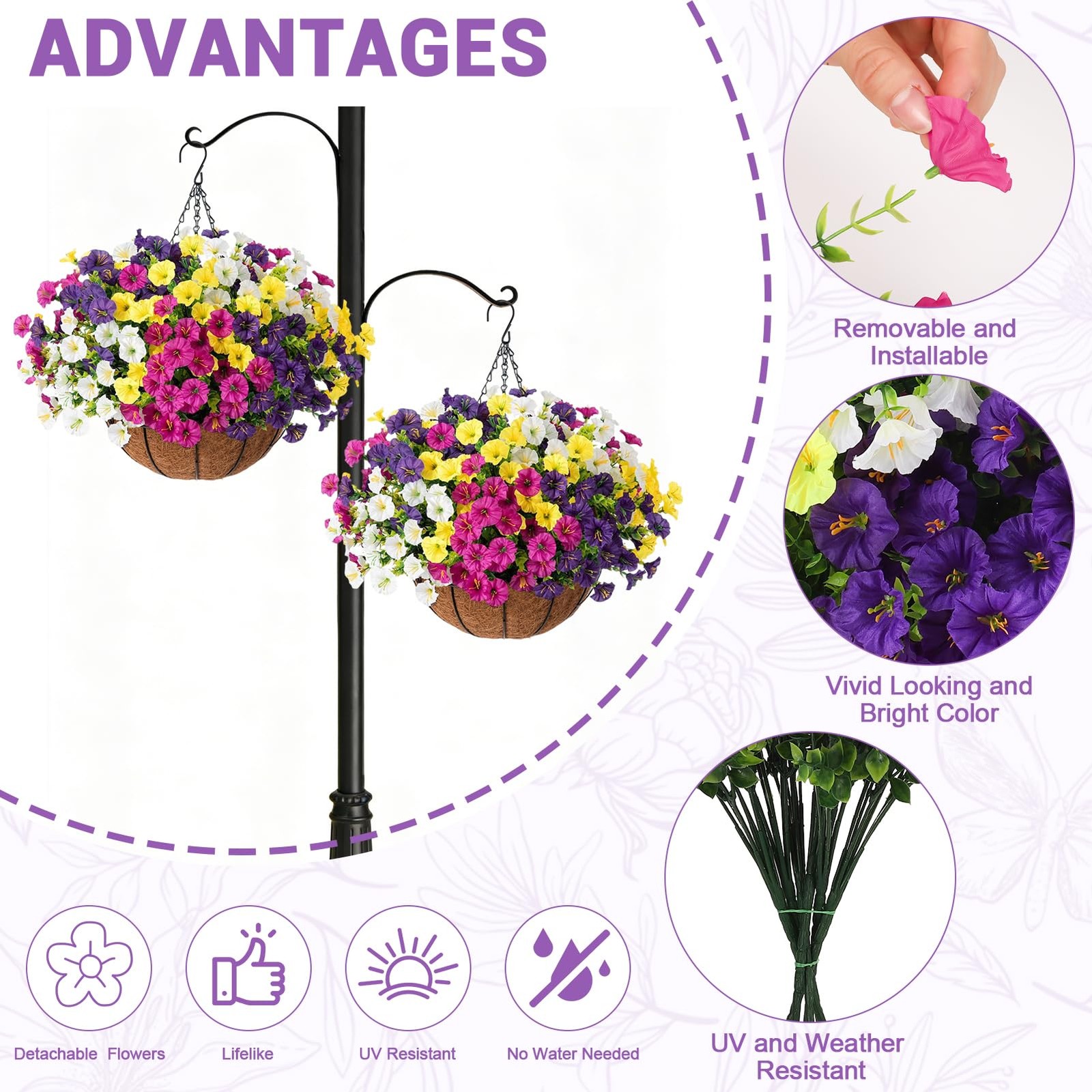 Ovveroche 2 Set Artificial Hanging Flowers Faux Plants Basket, Fake Silk Petu…