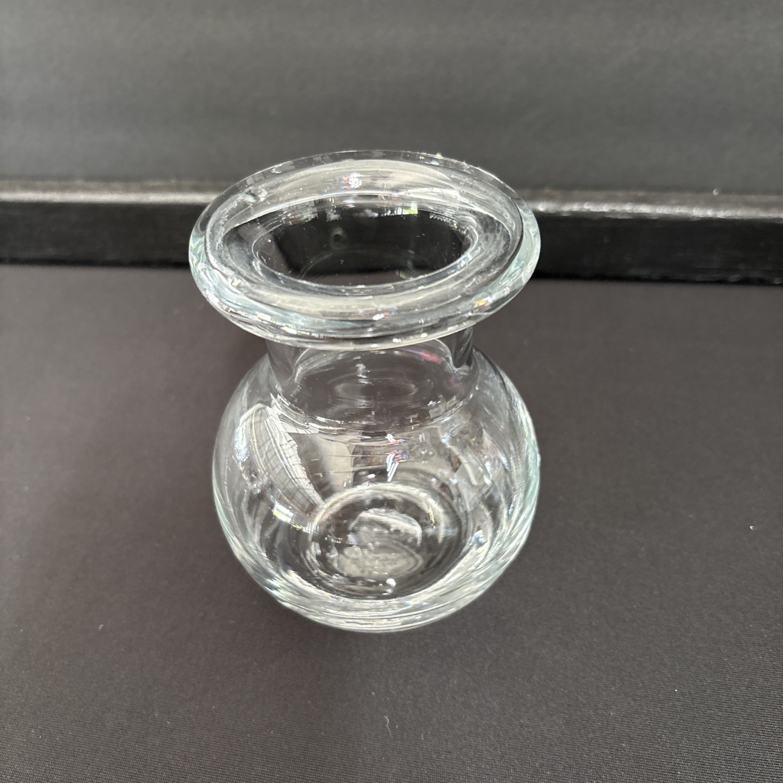 Vintage Clear Glass Bud Vase Rolled Rim Bulbous Round Mini Vase 4-1/2” Tall