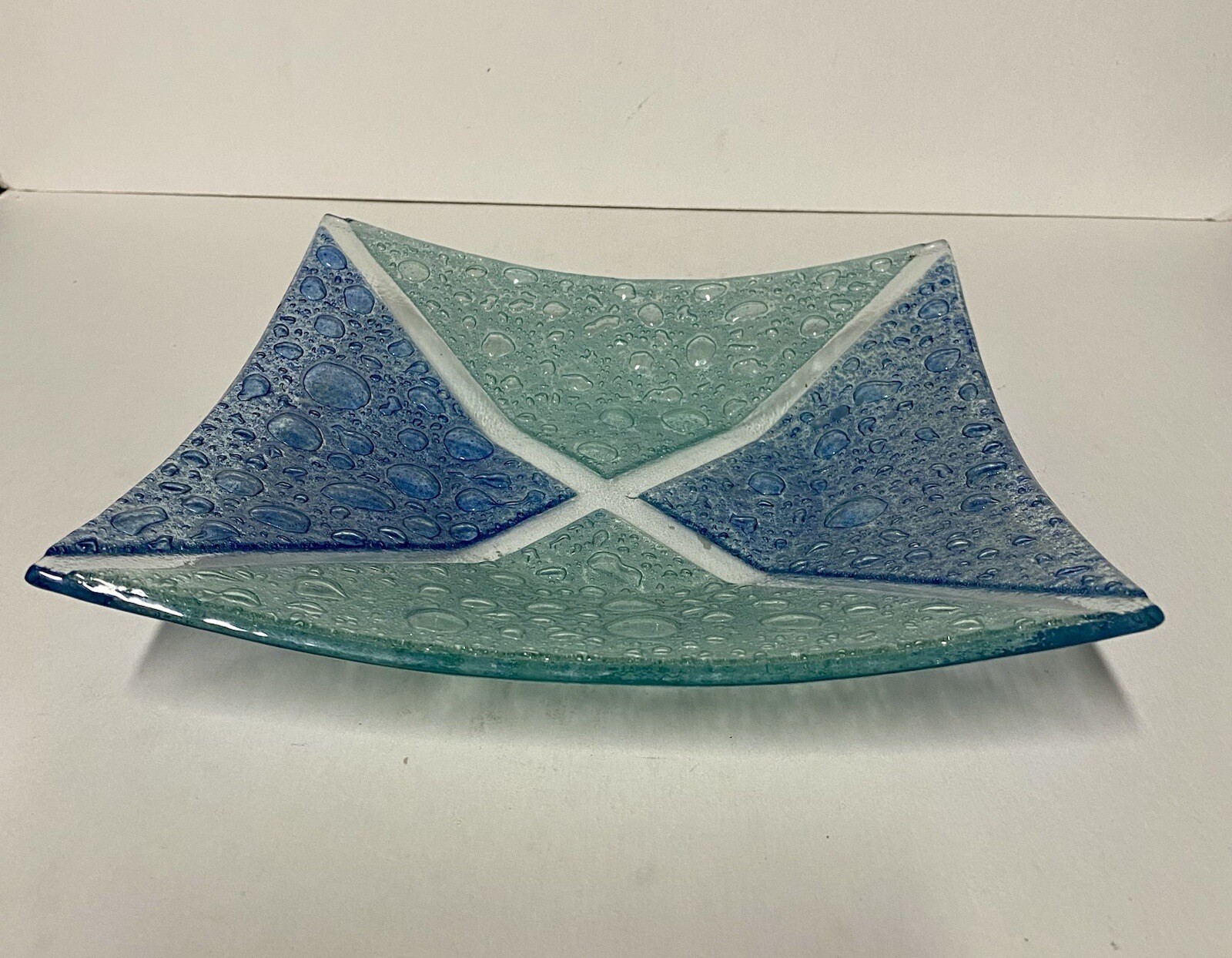 Blue & Teal Green Fused Glass Art 9 in Square Dish Abstract Modern Contemporary
