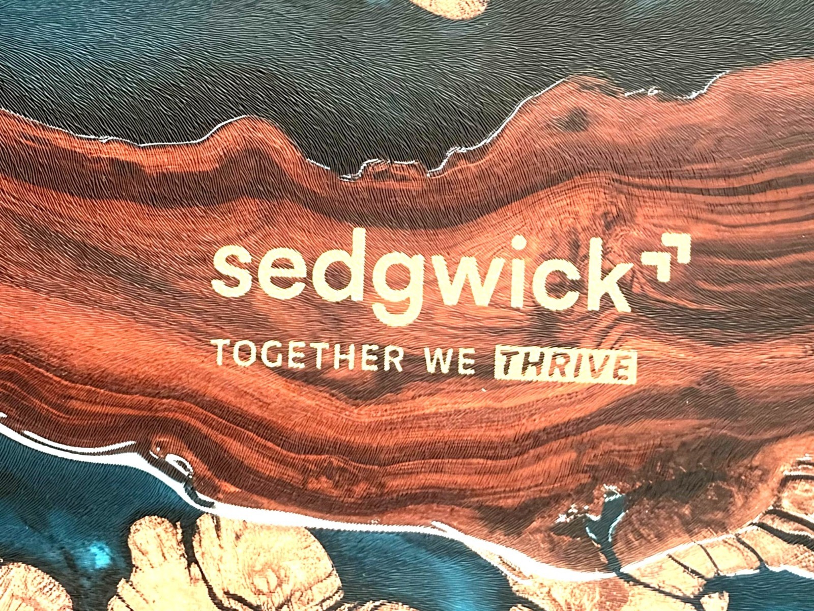 Sedgwick Branded Glass Epoxy Plaque With “Together We Thrive” Text 15″Lx11″H