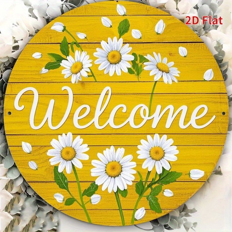 Welcome Daisy Metal Sign Rustic Yellow Wood Farmhouse Door Porch Wall Plaque