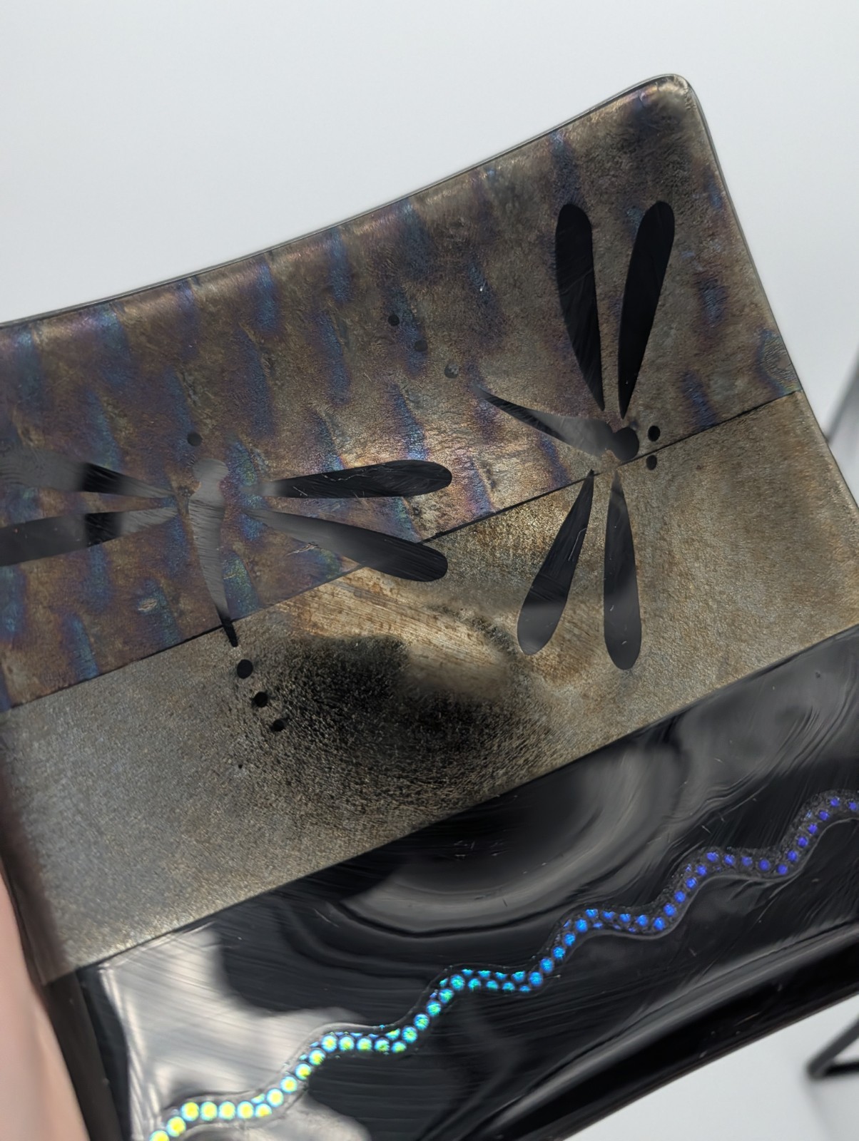 Fused Art Glass Dichroic Black Dragonfly Trinket Dish Square