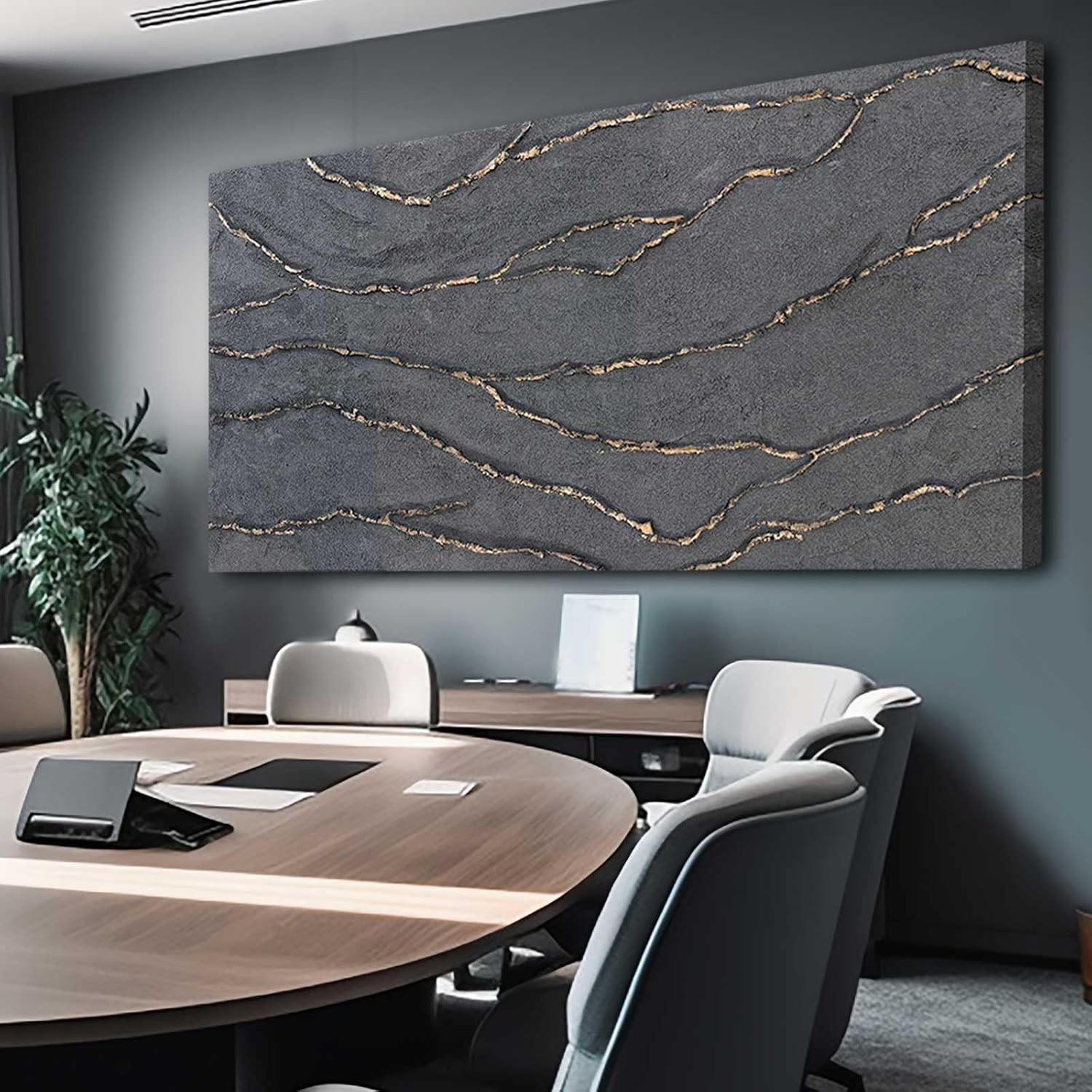 Elegant Hand-Painted Large Gold and Grey Textured Abstract Canvas Art 29″x58″