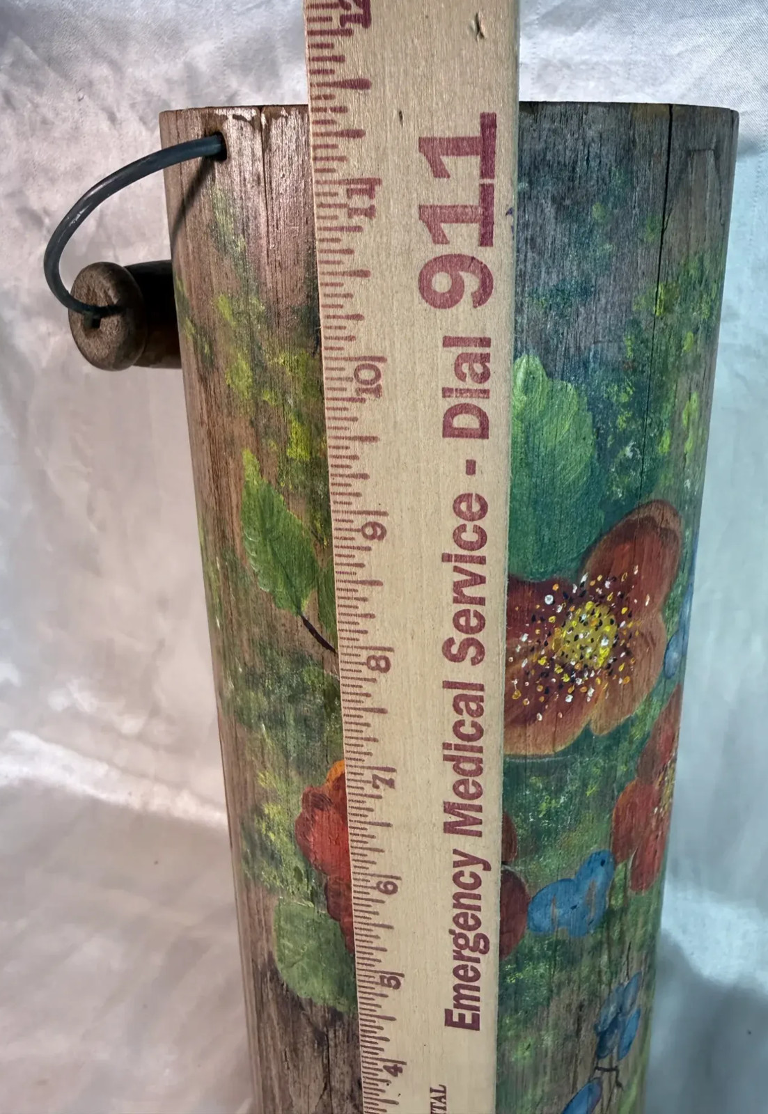 Hand Painted Rustic Wooden Cylinder Vase 11in x 4in Floral Farmhouse Decor