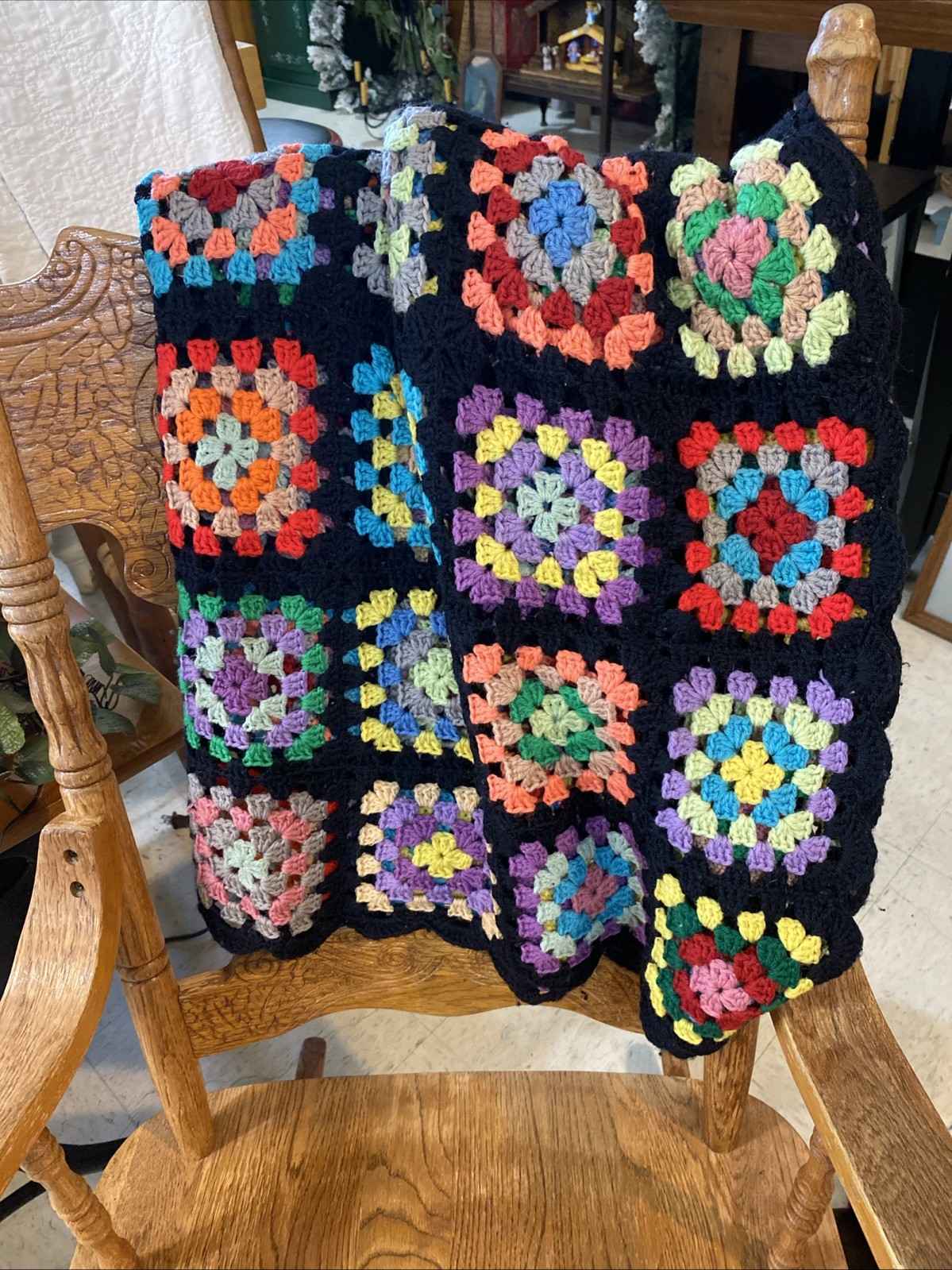 Handmade Colorful Granny Square Crochet Blanket with Black Border
