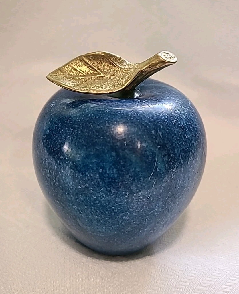 Italian Blue Marble Apple Solid w/Brass Leaf 1960s Paperweight 4″ Shelf Decor