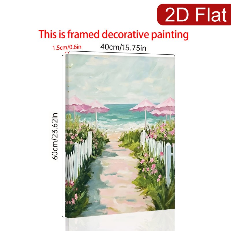 Coastal Beach Path with Pink Umbrellas Canvas Wall Art, Tropical Floral Decor