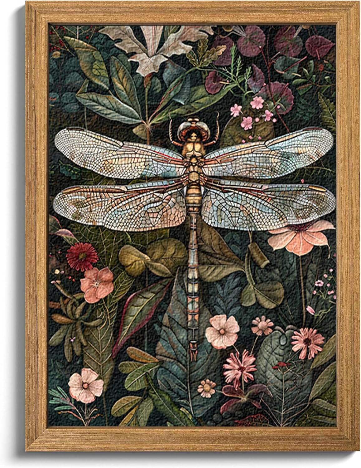 Framed Vintage 3D Textured Wall Art – Dark Green Dragonfly Flowers Wall Decor –