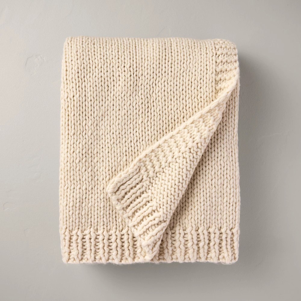 Chunky Knit Bordered Throw Blanket Cream Hearth & Hand Magnolia Heavywight 50×60