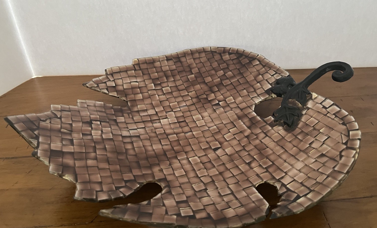 Mosaic Glass Tile Leaf Tray Brown Decorative Trinket Dish Accent Bowl 12″ Fall