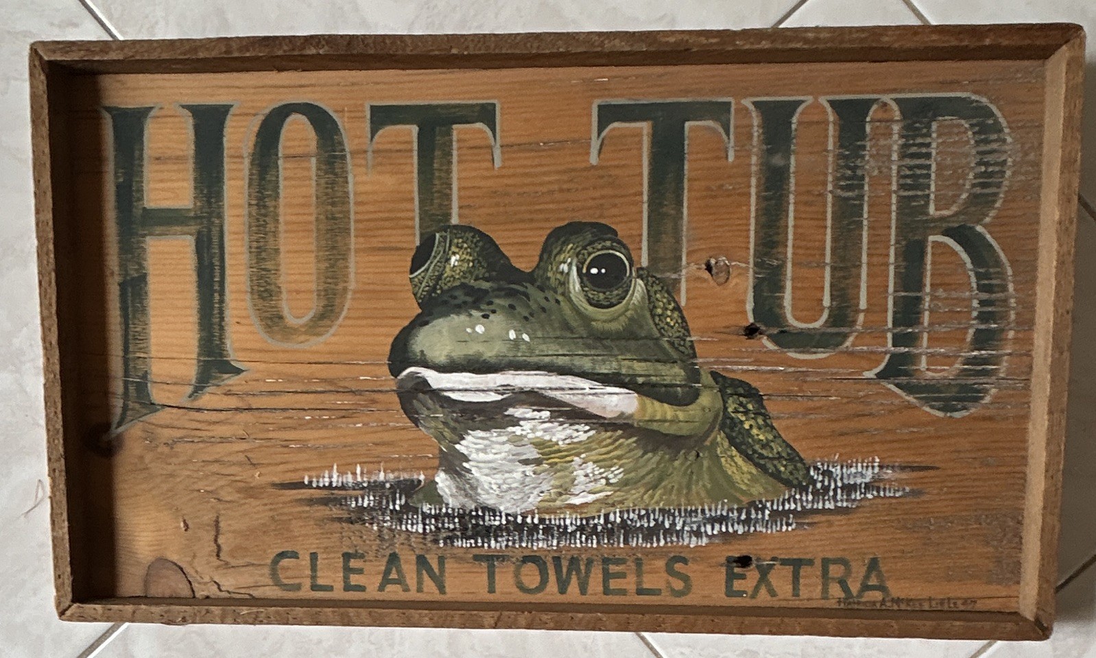 Patricia McKee Little Frog Sign “Hot Tub” Clean Towels Extra Rustic Sign