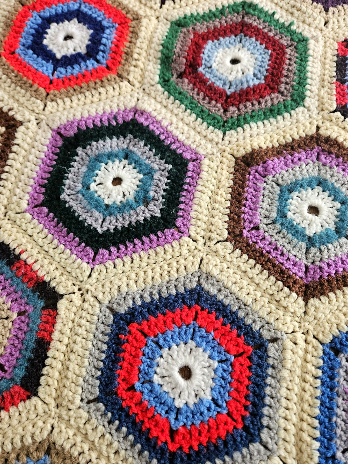 Vintage Hexagon Granny Square Crocheted Afghan Blanket Colorful Yarn Handmade