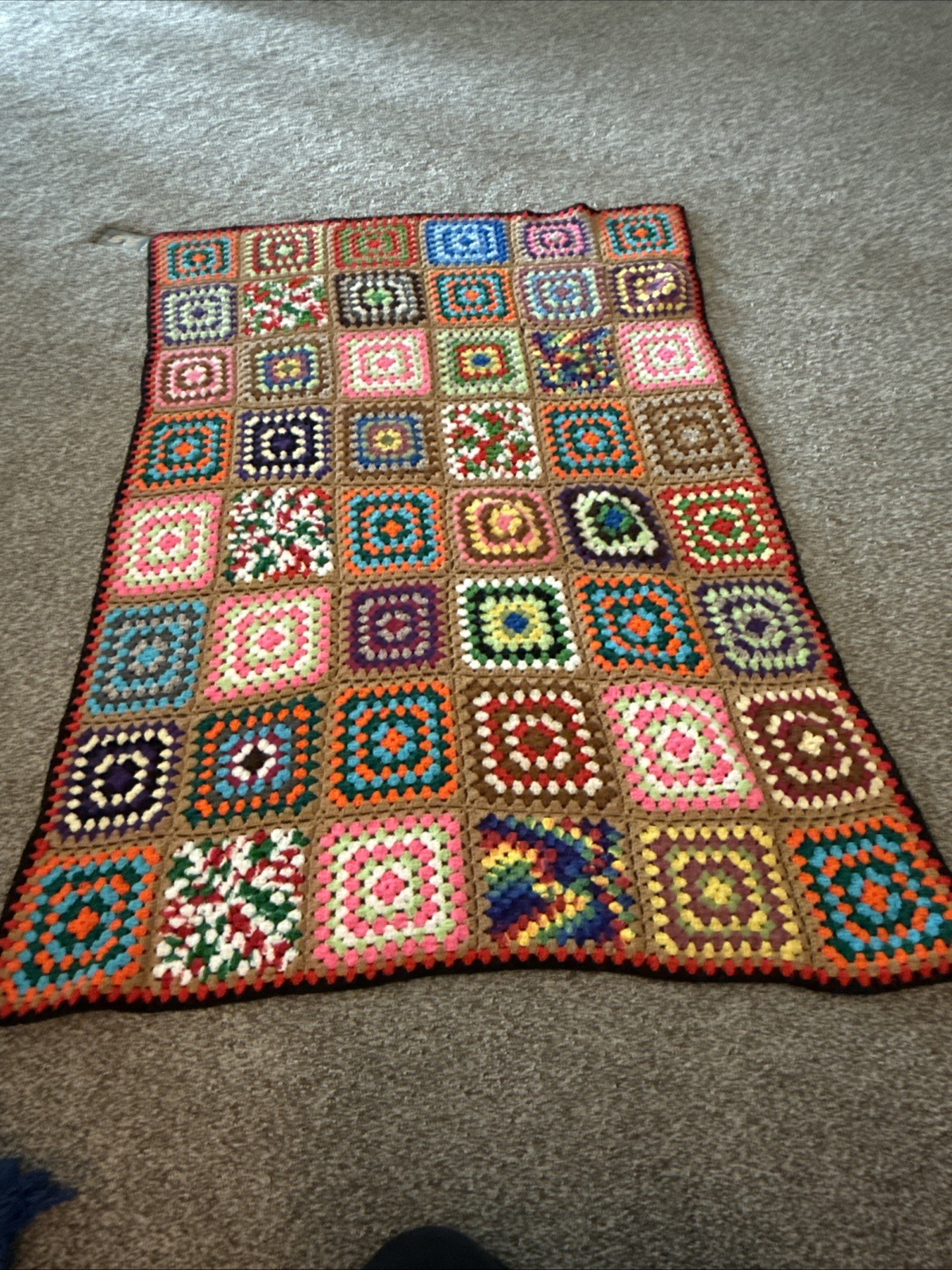 Crochet Granny square afghan blanket vintage 59” By 43” Colorful Couch Cover