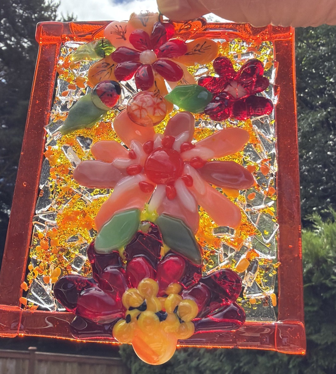 Fused Glass Handmade Flowered Rectangular Multicolor Sun Catcher Signed