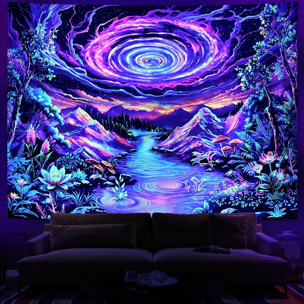Blacklight Galaxy Space Tapestry Colorful Starry Sky Tapestry UV Reactive Neon P