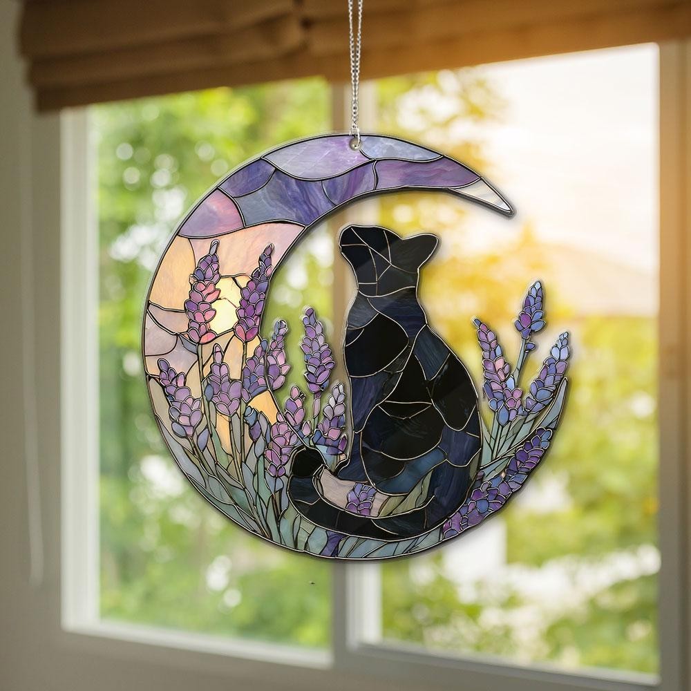 Cat on Moon ACRYLIC Suncatcher, Black Cat Window Hanging