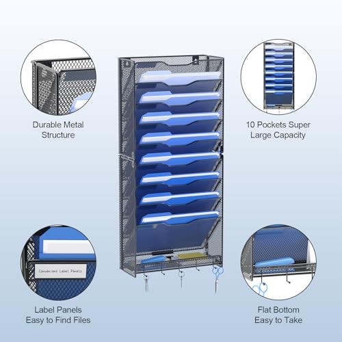 10 Tier Hanging Wall File Organizer Wall Mount Paper Document Folder 10 Pocket