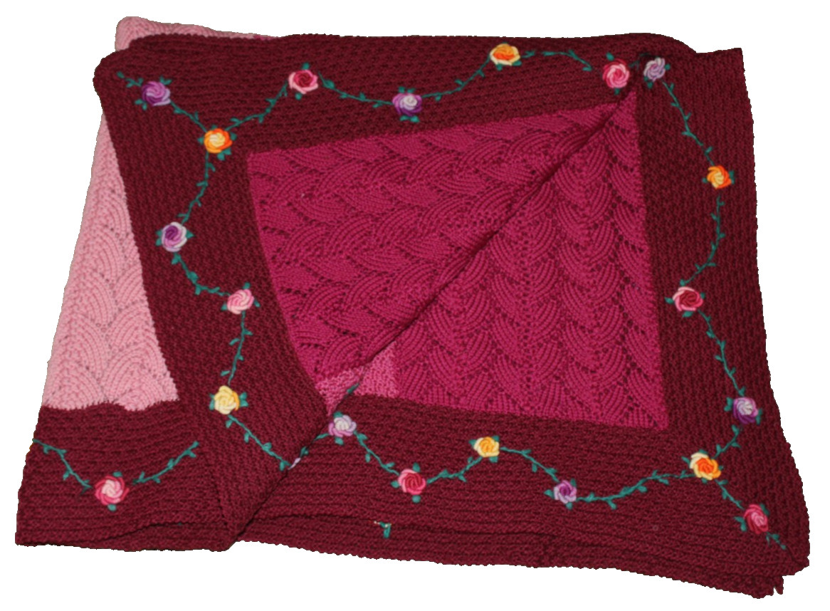 VTG handmade knitted afghan throw hand embroidered flowers 80″ x 52″ maroon pink