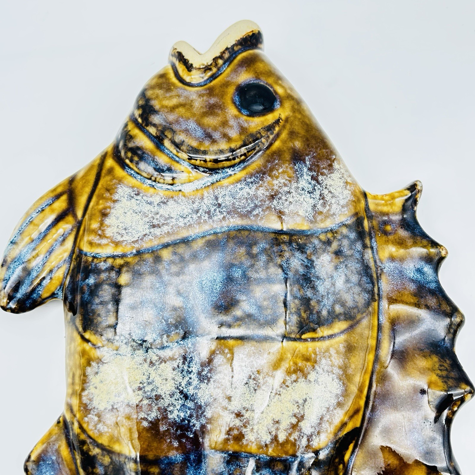 Large Vintage Ceramic Glazed Fish Art Pottery Hanging Plaque NICE!!